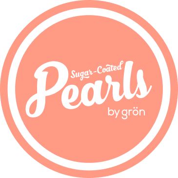 A pink circular logo with the words Sugar-Coated Pearls by grön in white cursive and print text.
