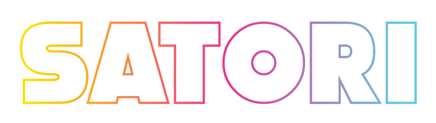 SATORI in bold, uppercase letters with a colorful gradient outline on a white background.