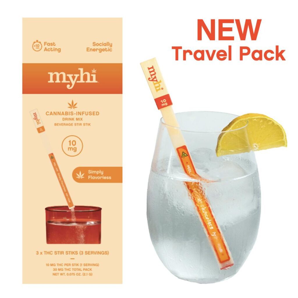 A Myhi cannabis-infused drink mix stick next to a glass of water with lemon; text reads NEW Travel Pack.