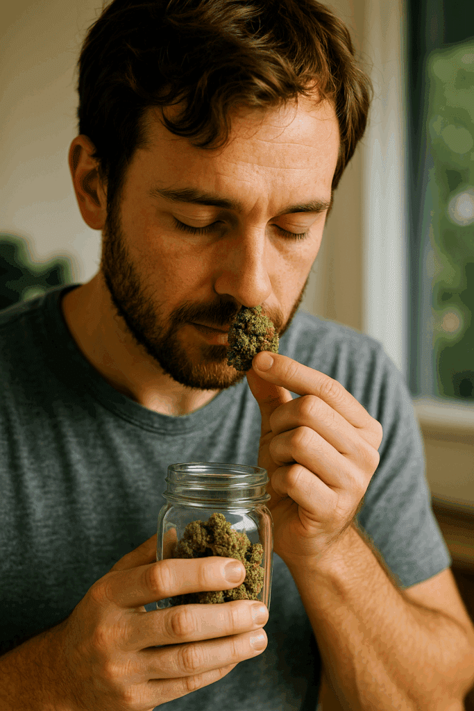A man smells a cannabis bud while holding a jar of cannabis in his hand.