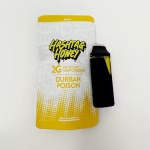 Yellow and white Hashtag Honey Durban Poison vaporizer package with a black vape pen beside it, featuring the energizing effects of Durban Poison.