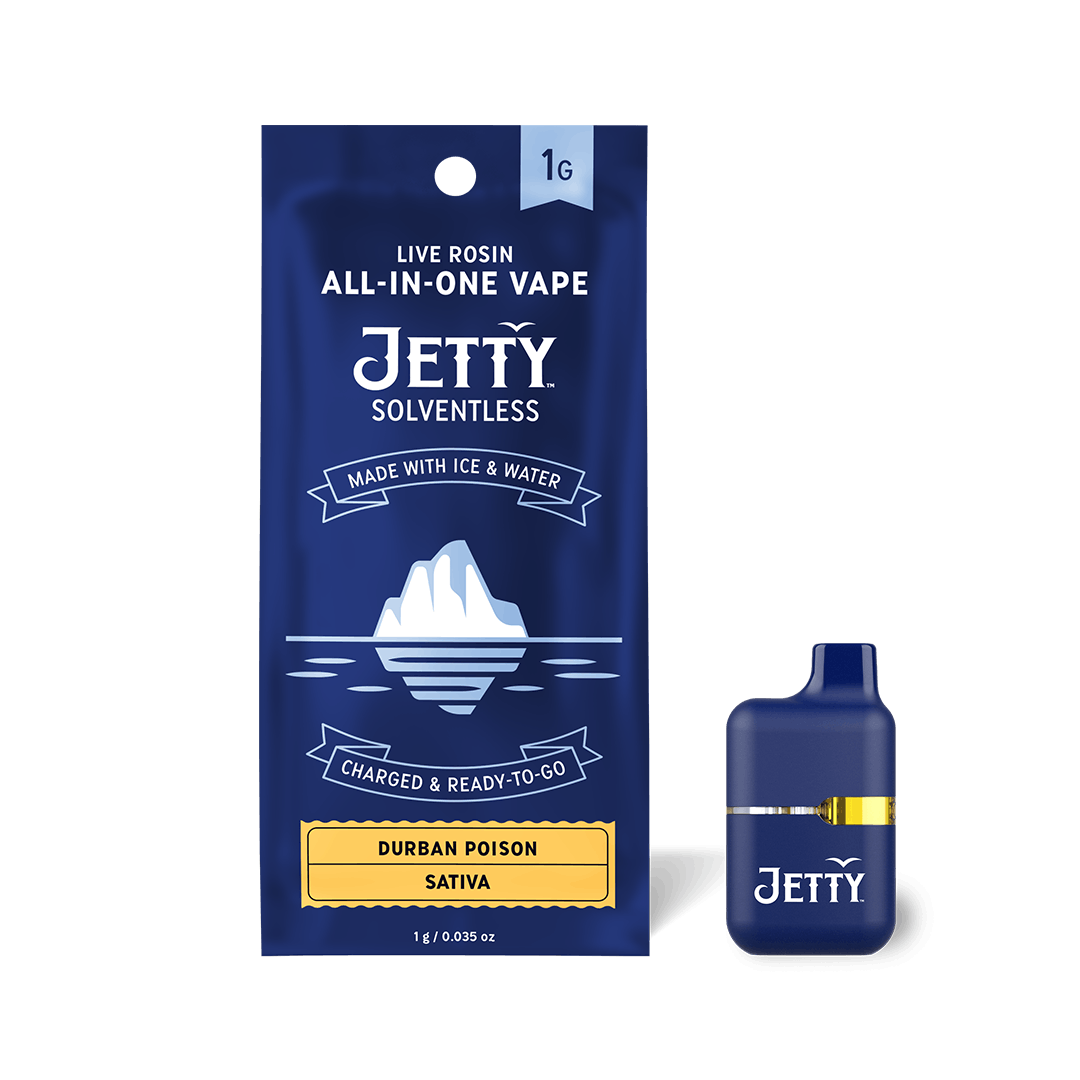 Blue Jetty vape packaging and device, labeled “Durban Poison Sativa” with iceberg graphic, highlights the bold potency of Durban Poison.