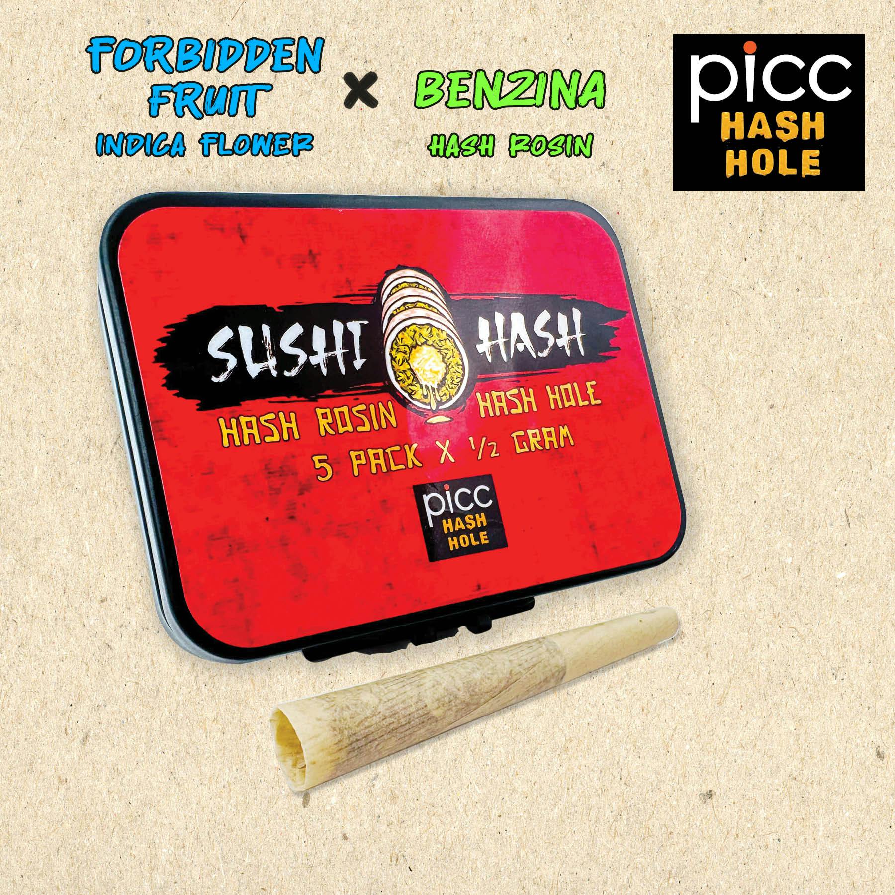 Red tin labeled Sushi Hash with a joint in front; branded for hash rosin, 5 pack, 1/2 gram each.