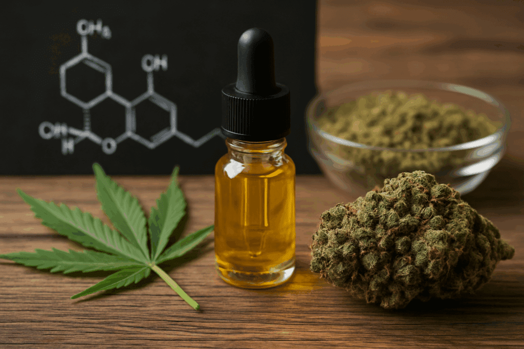 A dropper bottle of oil, a cannabis leaf, a cannabis bud, and a bowl of dried cannabis with a chemical diagram.