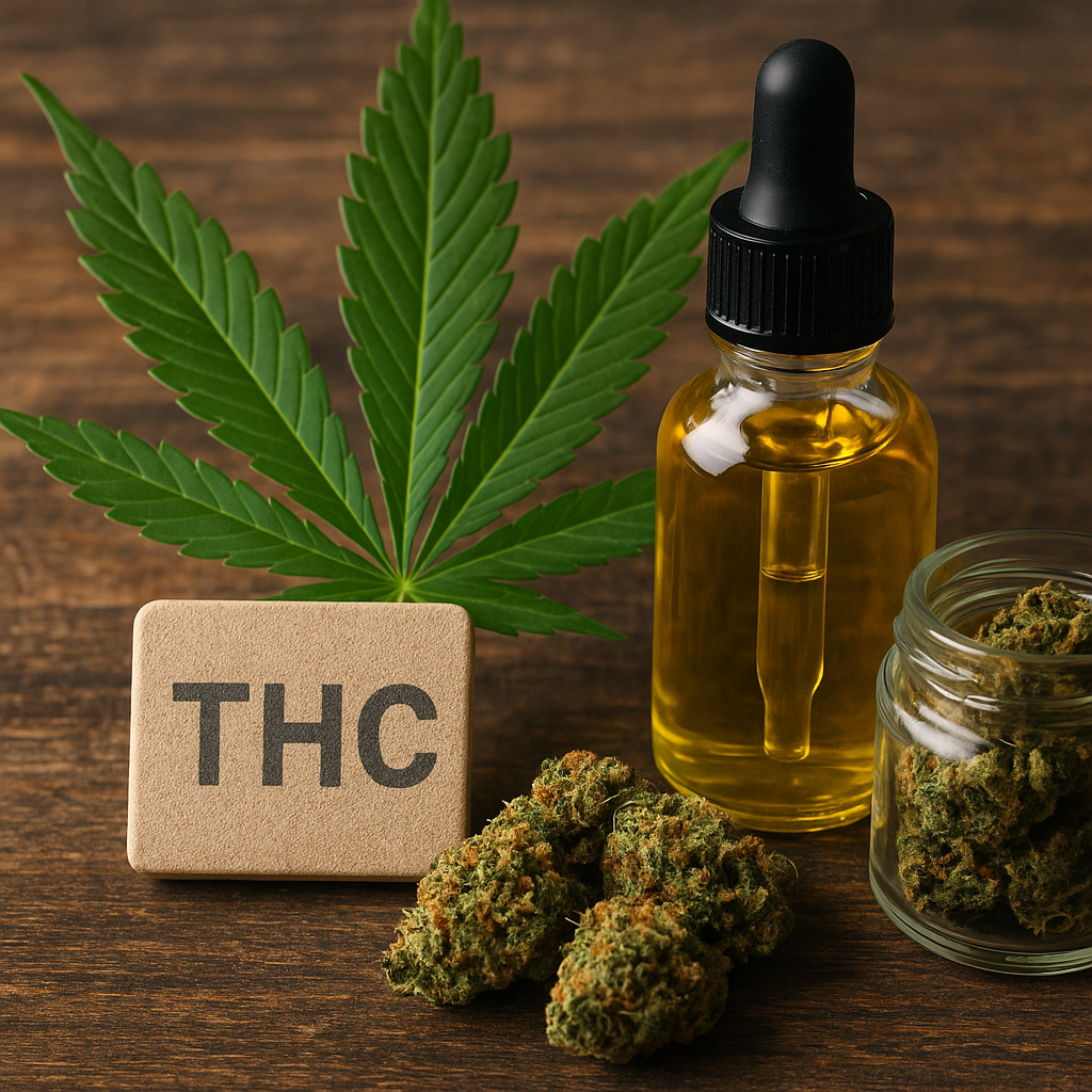 A THC sign, cannabis leaf, oil dropper bottle, and jars of cannabis buds on a wooden table.