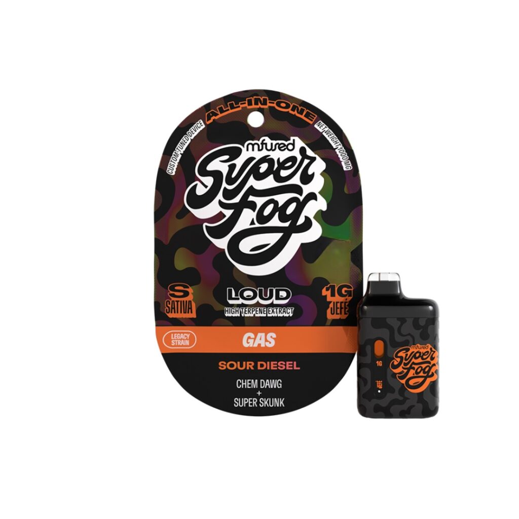 A Mfused Super Fog Gas Sour Diesel vape package and device with a striking black, green, and orange camo design.