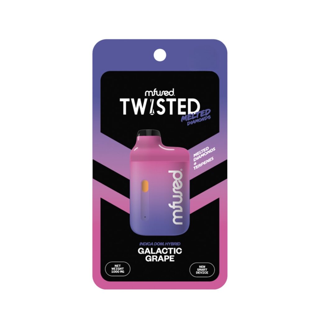 Purple and pink Mfused vape pen labeled Twisted Galactic Grape, sealed in plastic packaging.