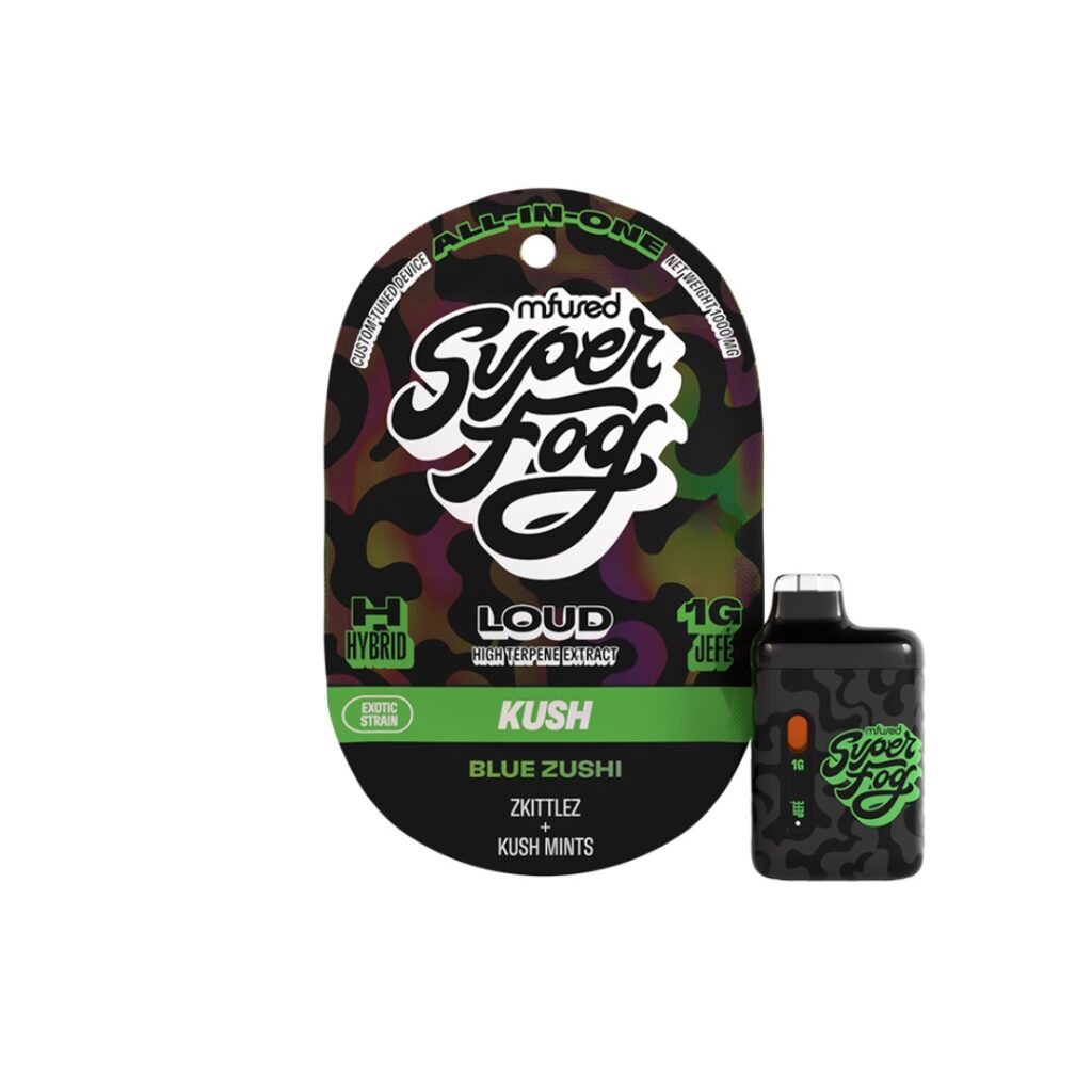 A Mfused Super Fog Kush vape package and matching device, both with a green and black camo design.