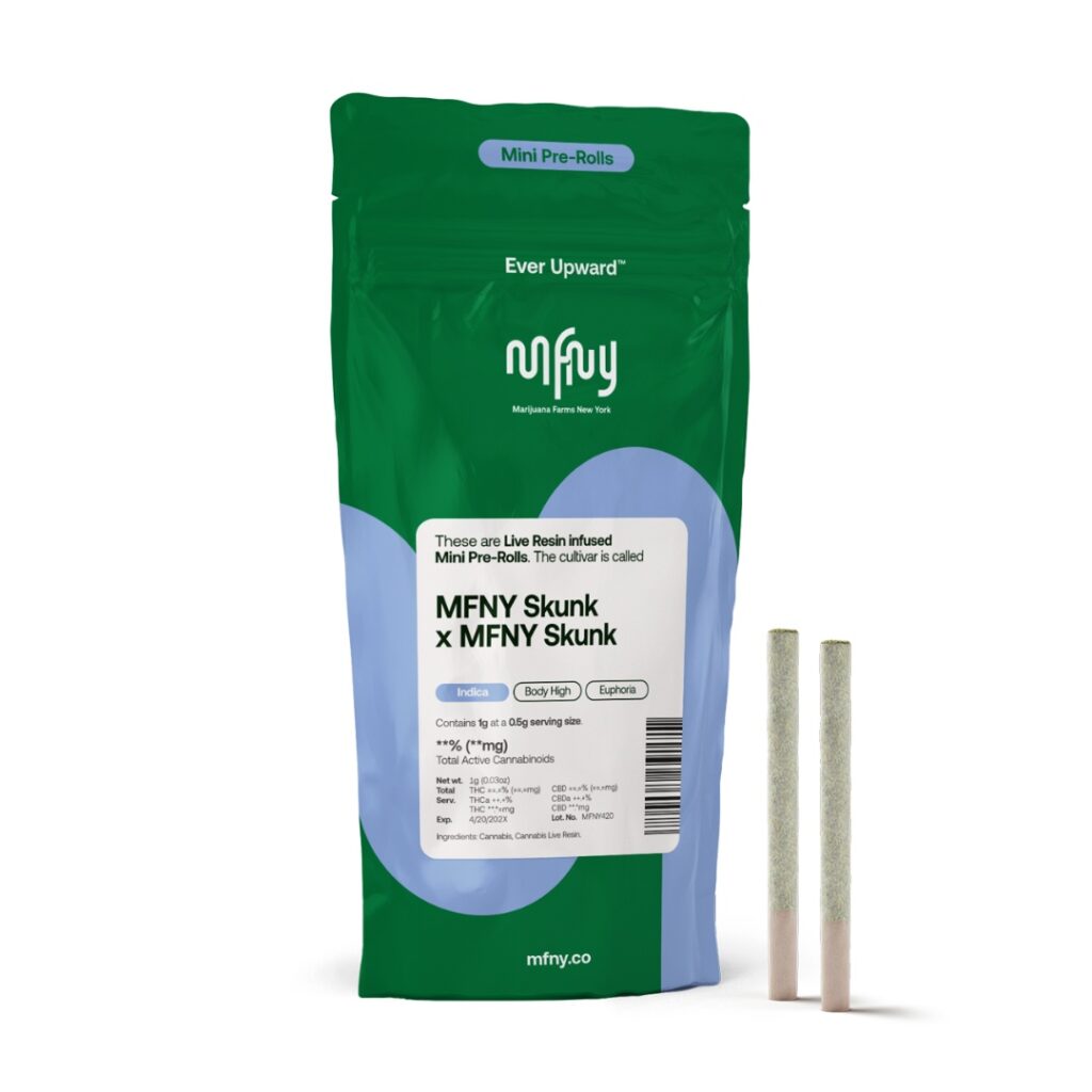 A green MFNY Skunk x MFNY Skunk pre-roll pack with two PGR Weed pre-rolled joints next to it.