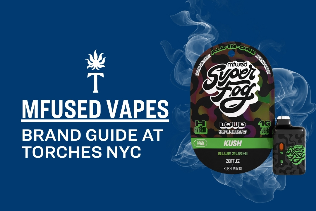 MFused SuperFog vape product image features Mfused branding, bold text, and swirling smoke set against a vibrant blue background.