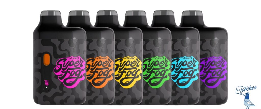 Six colorful Mfused disposable vape devices with Super Frog branding, arranged in a row on a white background.