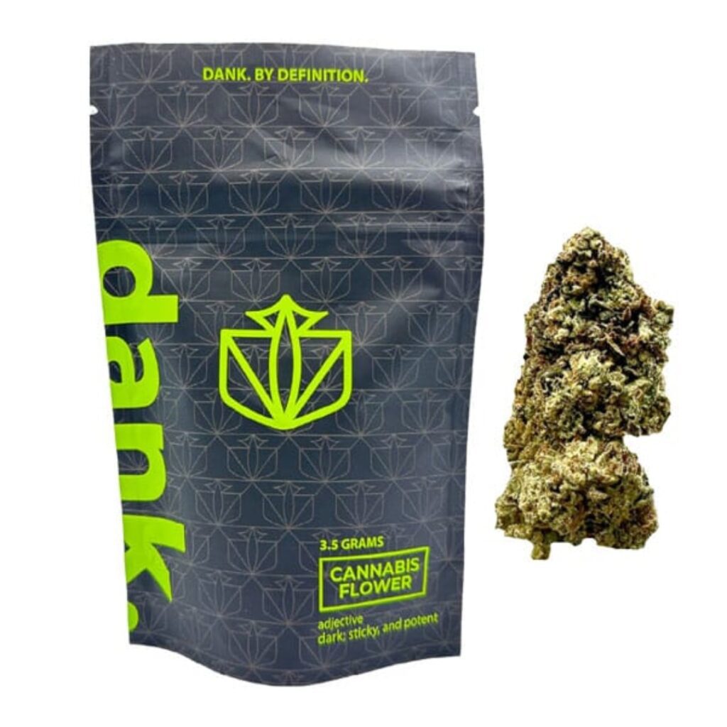 A gray and neon green cannabis flower bag labeled dank sits next to a cannabis bud, hinting at quality and free from PGR weed.