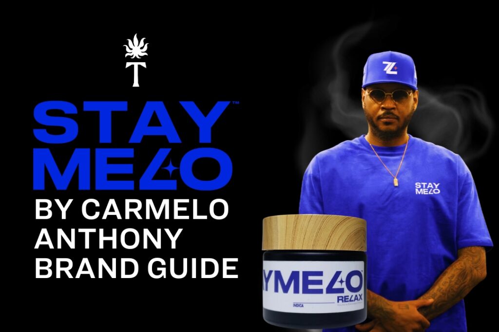 Carmelo Anthony in a blue shirt and hat stands beside STAYME7O branding and a product container.