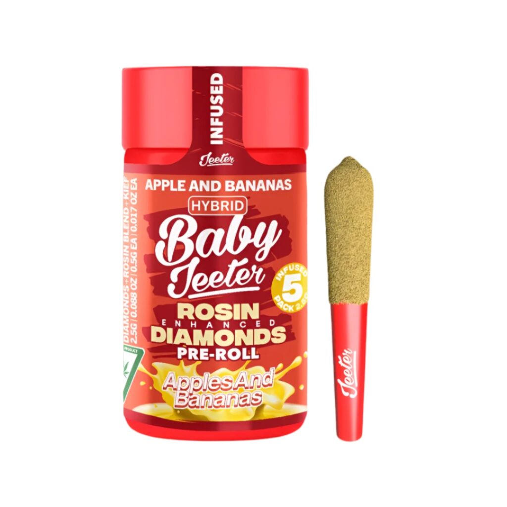 Red Baby Jeeter pre-roll container labeled Apples and Bananas next to a coated pre-rolled joint.
