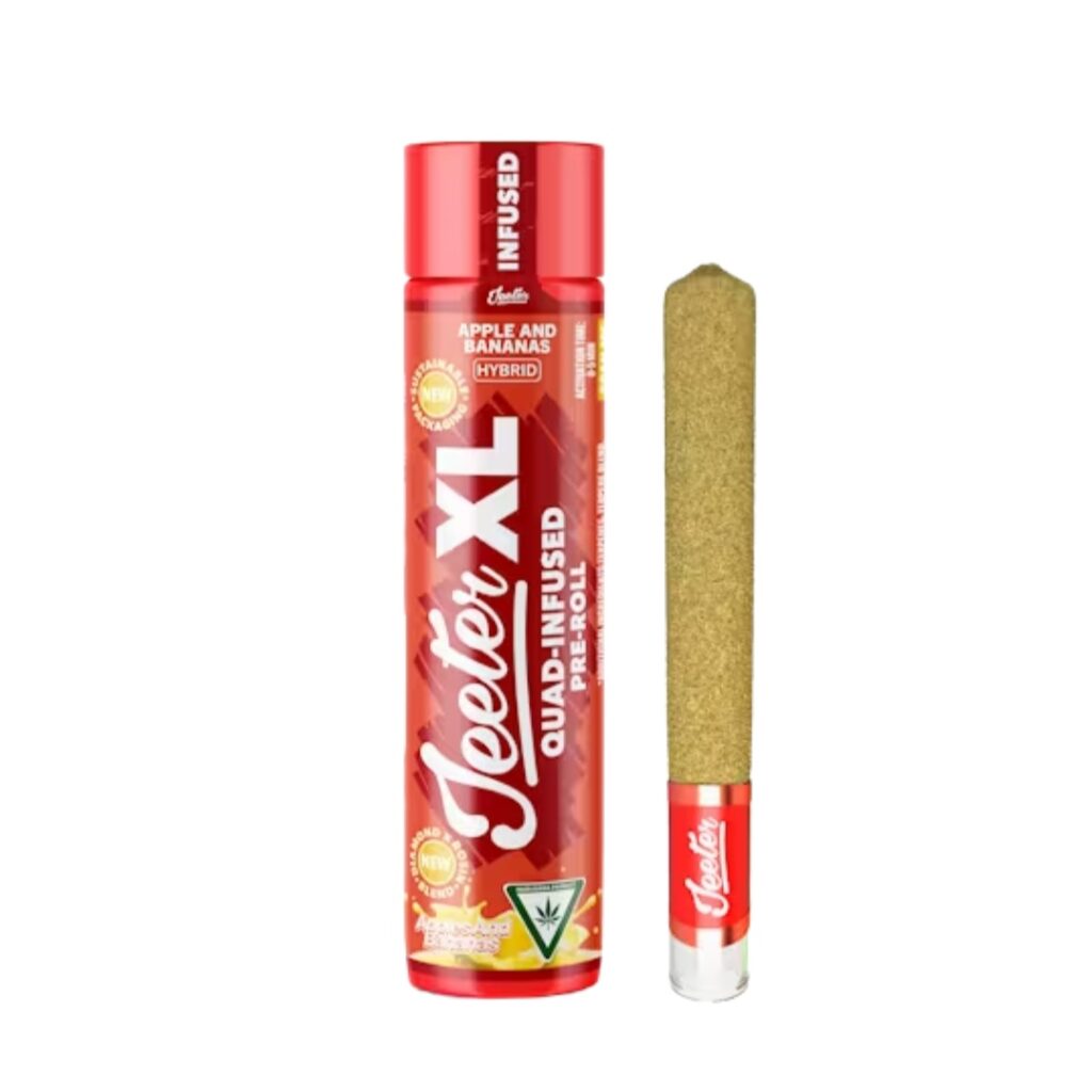 A red Jeeter XL cannabis pre-roll tube labeled “Apple and Bananas” next to an infused pre-roll.