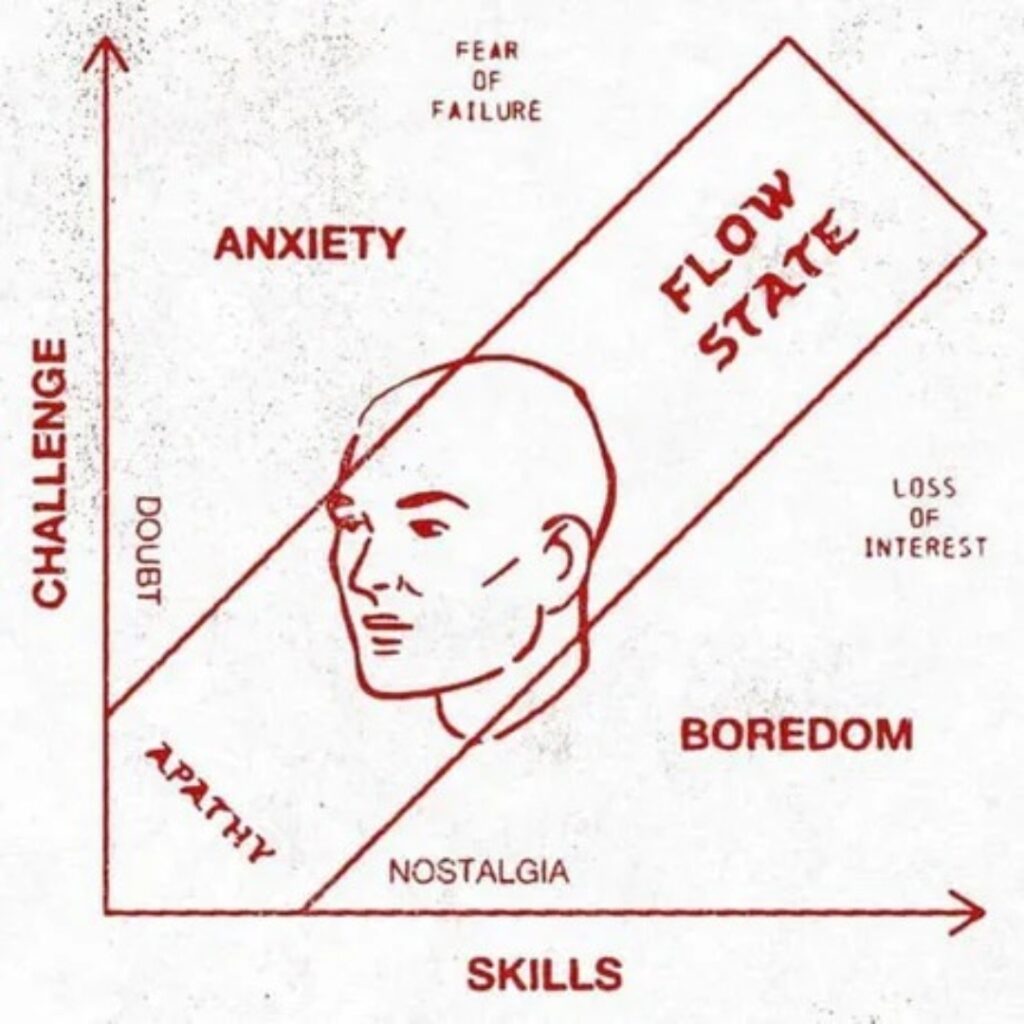 A flow state diagram shows challenge vs. skills, with anxiety, boredom, and flow state labeled.