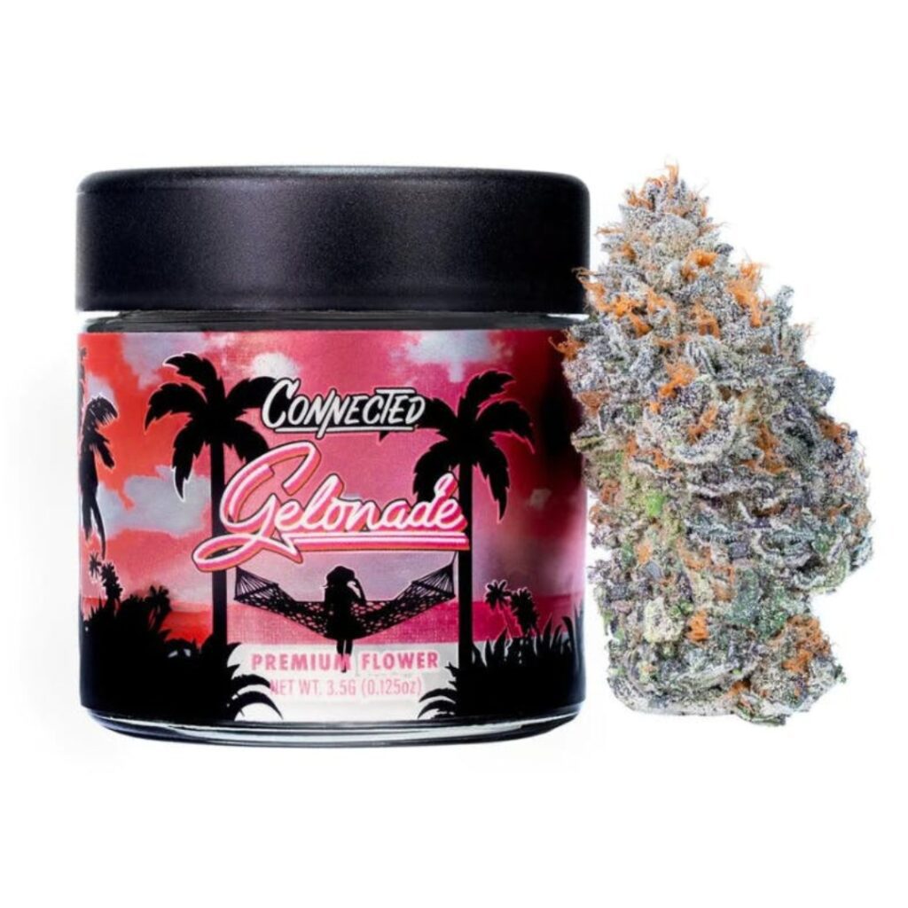 A jar labeled Gelonade with palm tree artwork next to a colorful cannabis bud.