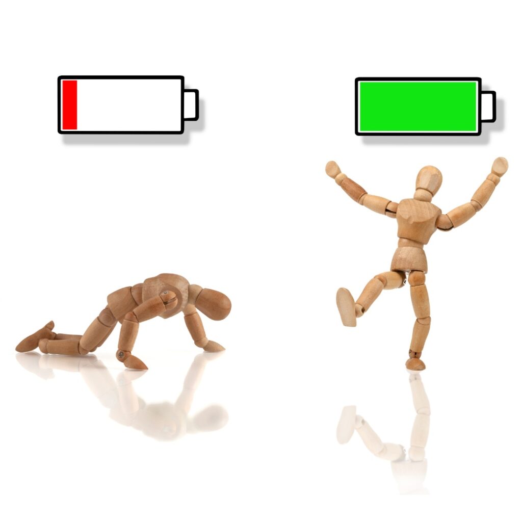 A tired wooden figure under a red low battery icon, and an energetic figure under a green full battery icon.