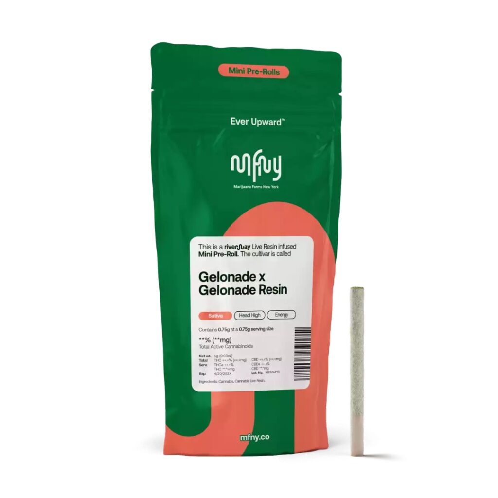 A green and red pouch labeled Gelonade x Gelonade Resin beside a single pre-rolled joint.