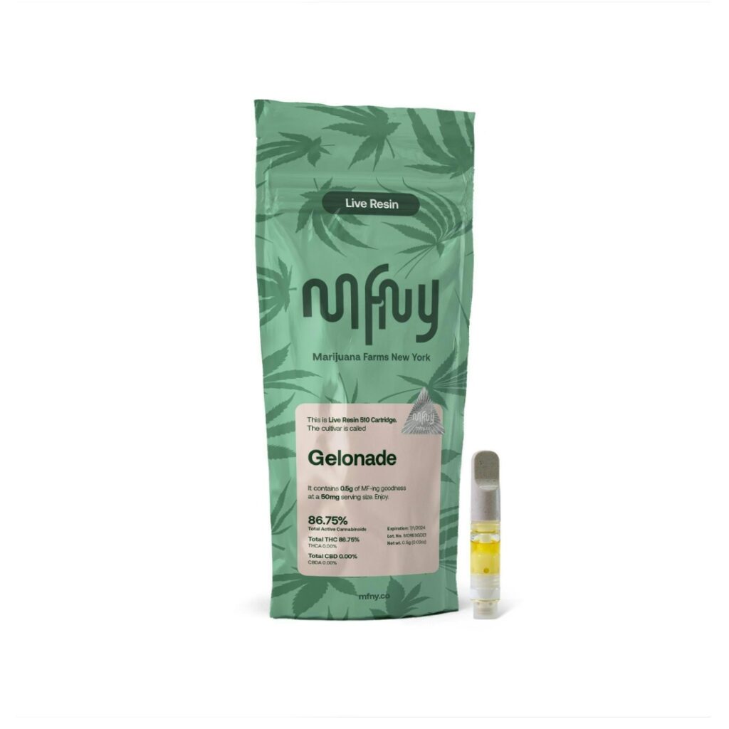 A green NY FNY Gelonade cannabis vape packaging with a clear vape cartridge beside it on a white background.