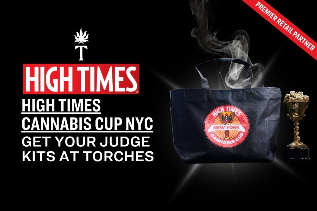 A black tote bag and a trophy showcase the exclusive High Times Cannabis Cup NYC judge kits available at Torches.