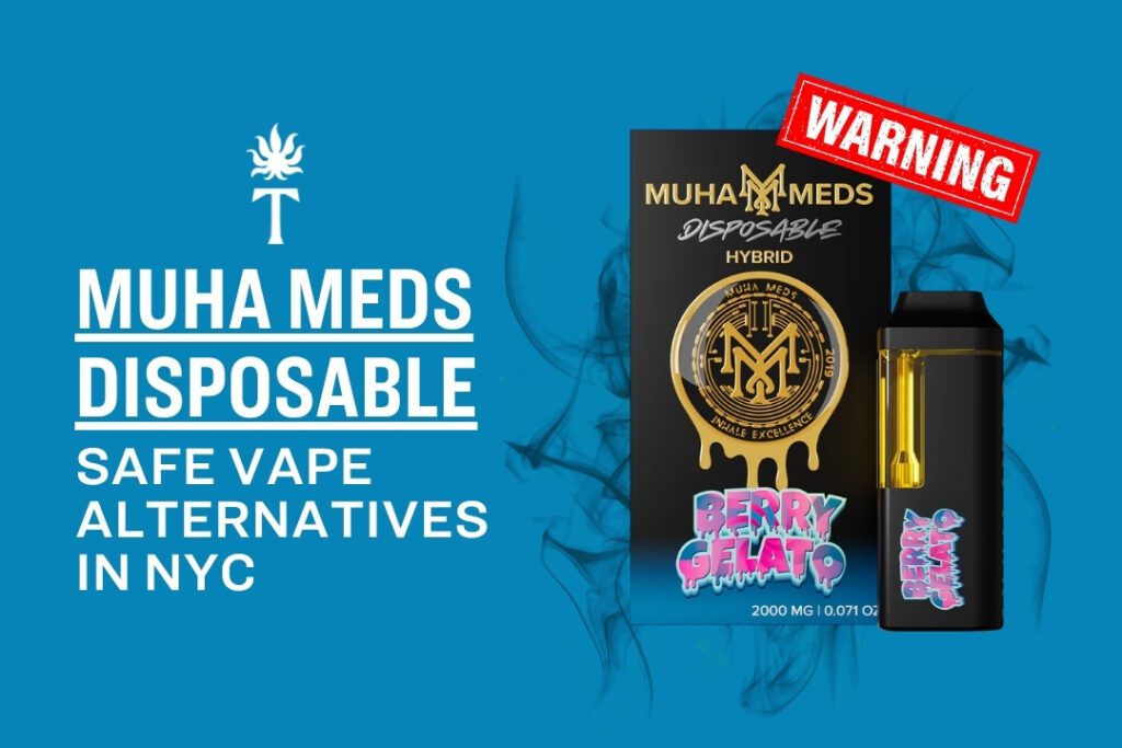 A Muha Meds disposable vape and packaging labeled Berry Gelato with warning text are displayed on a blue background.