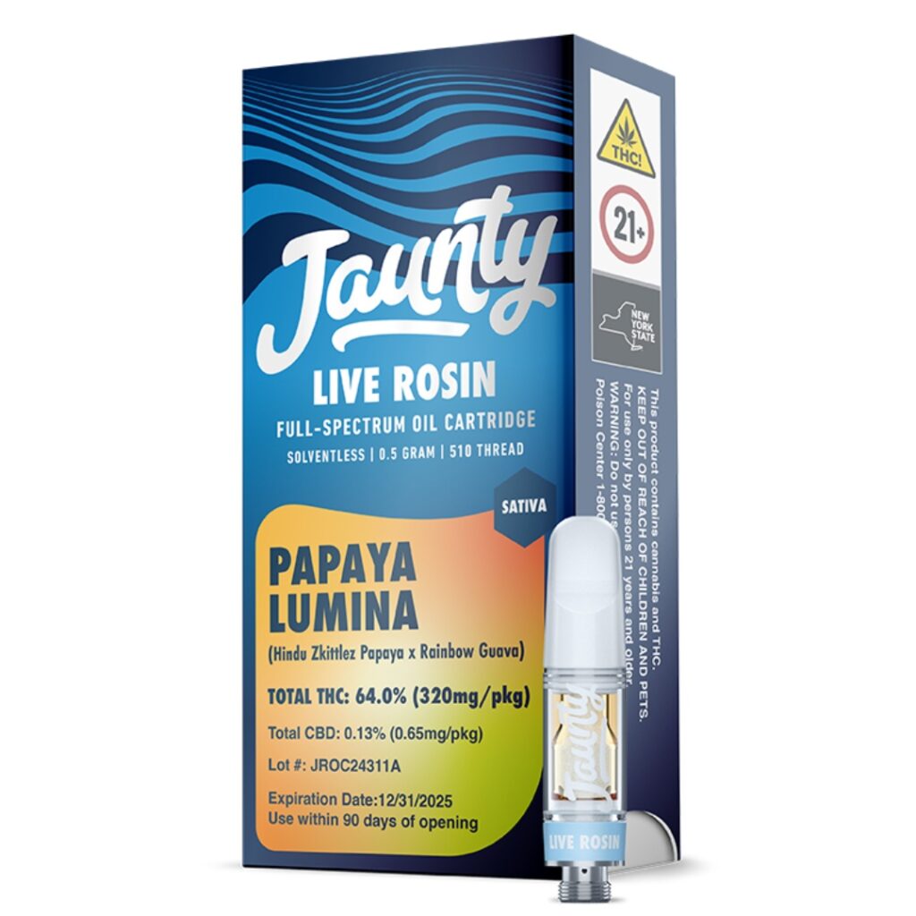 A Jaunty Live Rosin vape cartridge box labeled Papaya Lumina, featuring Muha Meds branding, product details, and a visible cartridge.