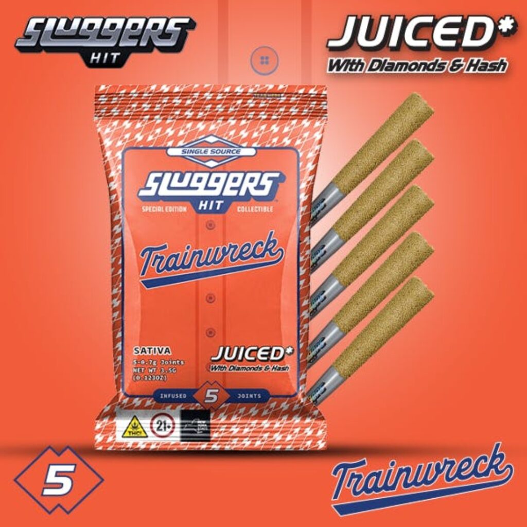 Orange Sluggers Hit Trainwreck cannabis pack with five pre-rolled joints and product details on background.
