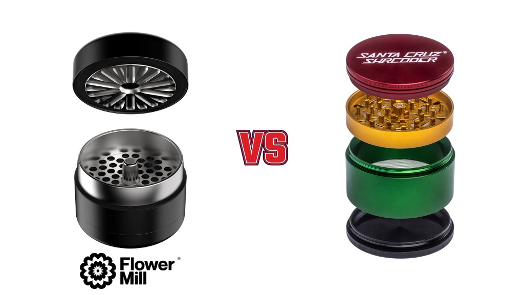 Two herb grinders, Flower Mill Grinder (left) and Santa Cruz Shredder (right), are shown side by side with a VS in between.