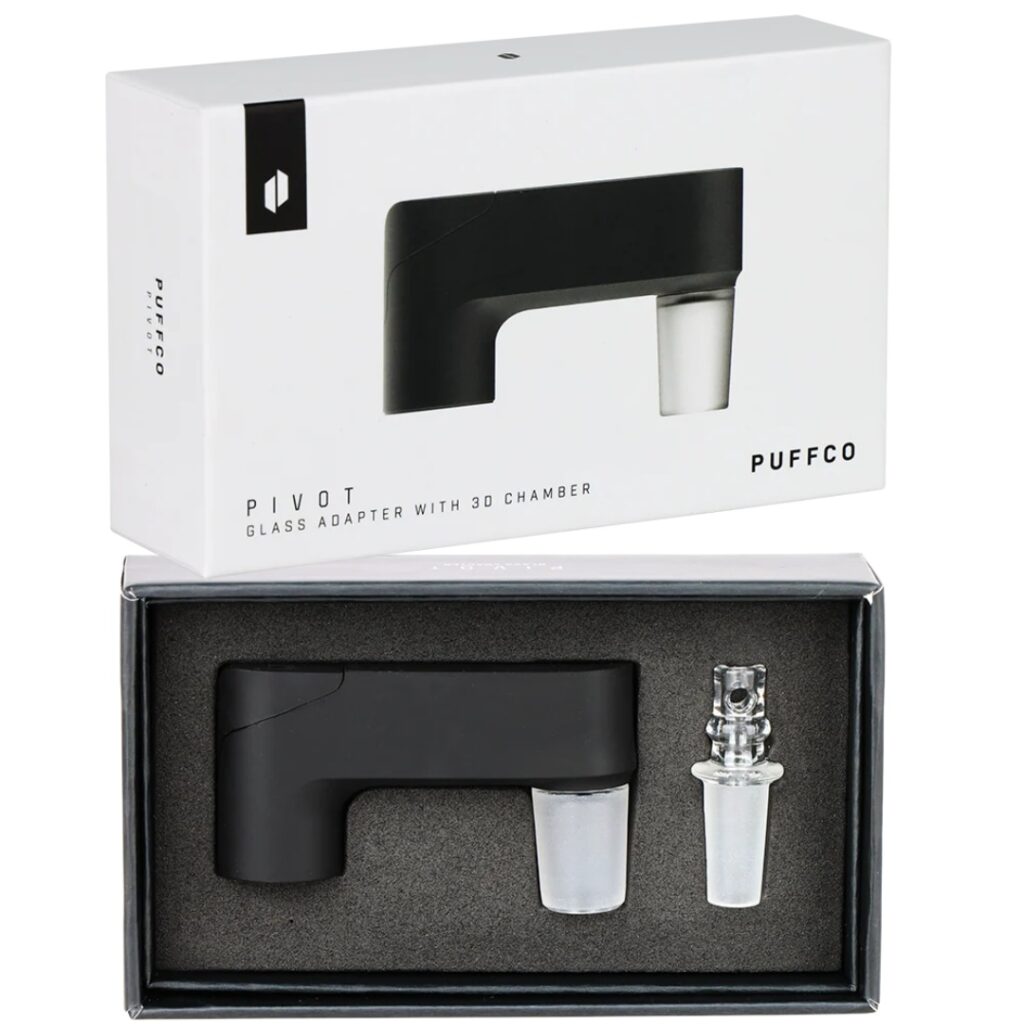 Pivot glass adapter by Puffco, displayed in packaging with foam insert and separate glass component.
